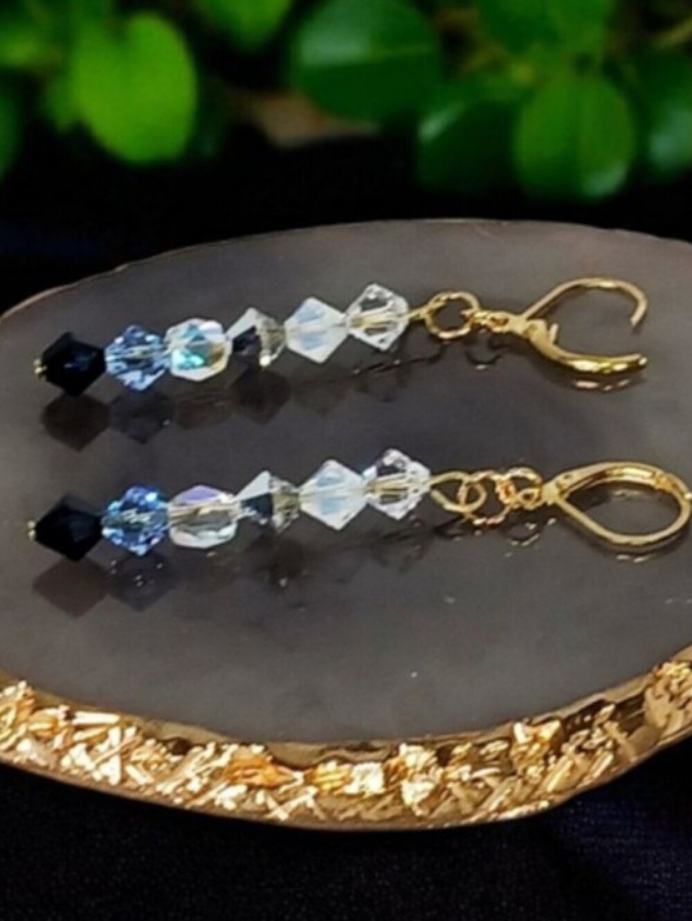 Gold Linear Dangle Drop Earrings Blue Silver & Holographic Crystals Dark Preppy